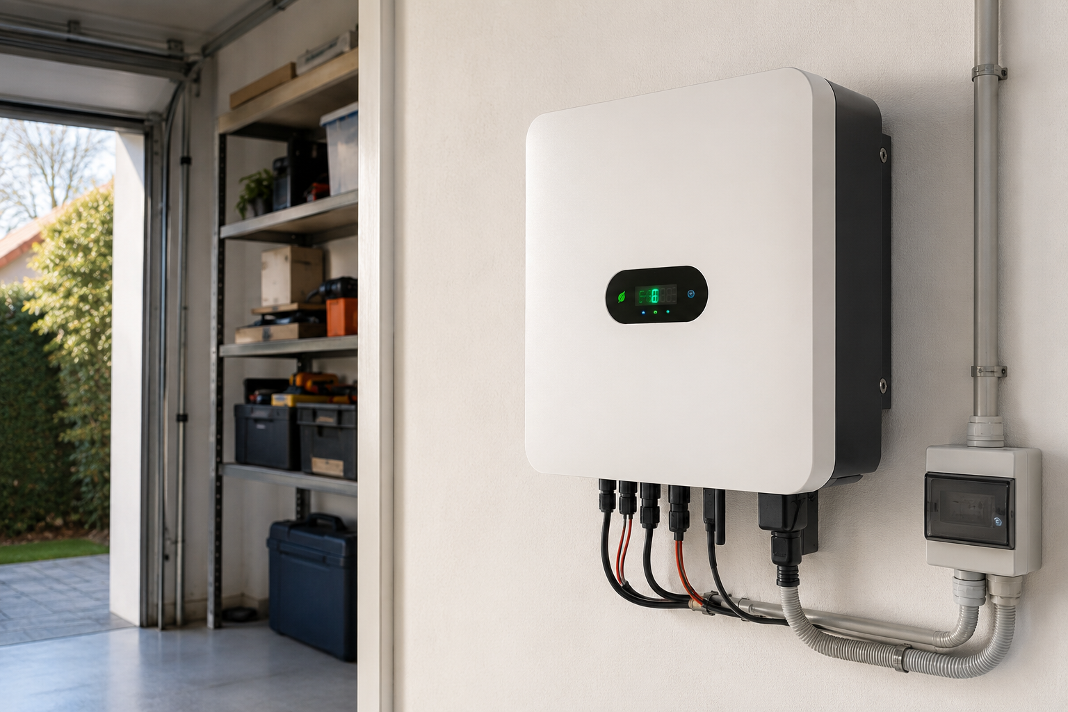 Inverter fotovoltaico installato a parete in un locale tecnico