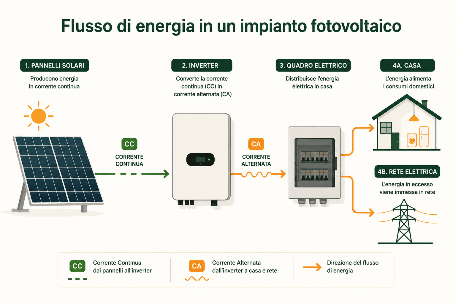 Schema del flusso di energia da pannelli solari a inverter fino alla rete elettrica di casa
