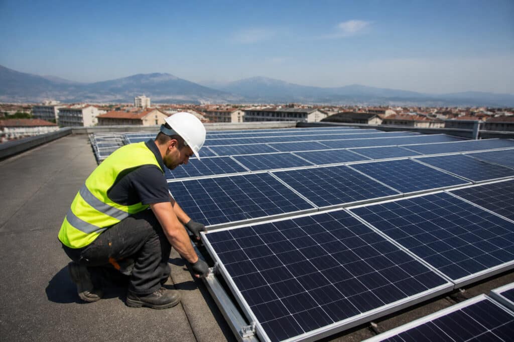 Tecnico al lavoro durante l'installazione di pannelli fotovoltaici