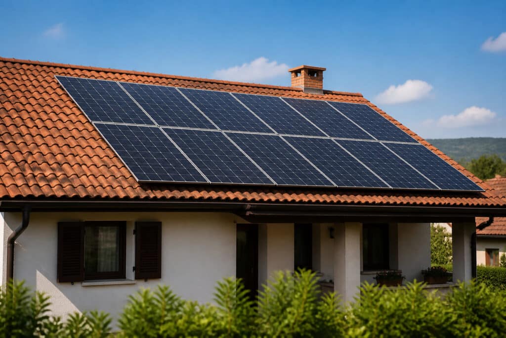 Pannelli fotovoltaici installati su un tetto in tegole