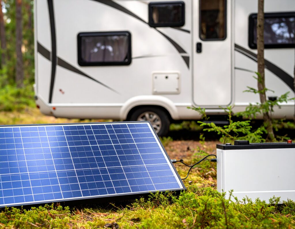 Un pannello solare con batteria davanti a un camper