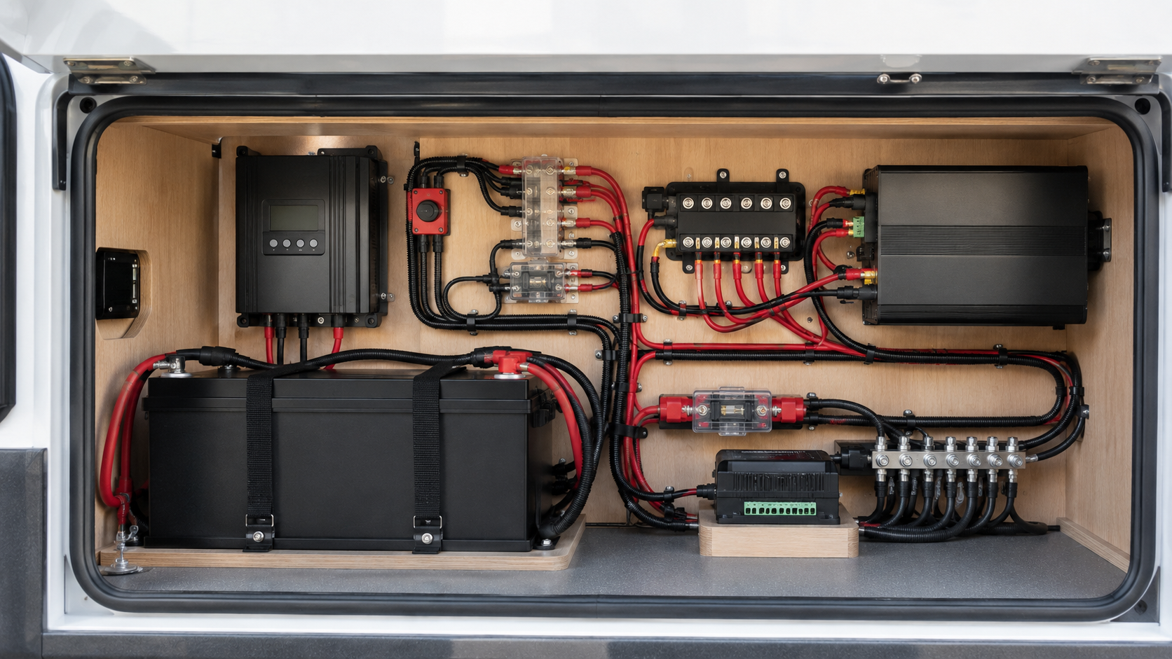 Impianto elettrico per camper con batteria al litio, regolatore MPPT, fusibili e inverter