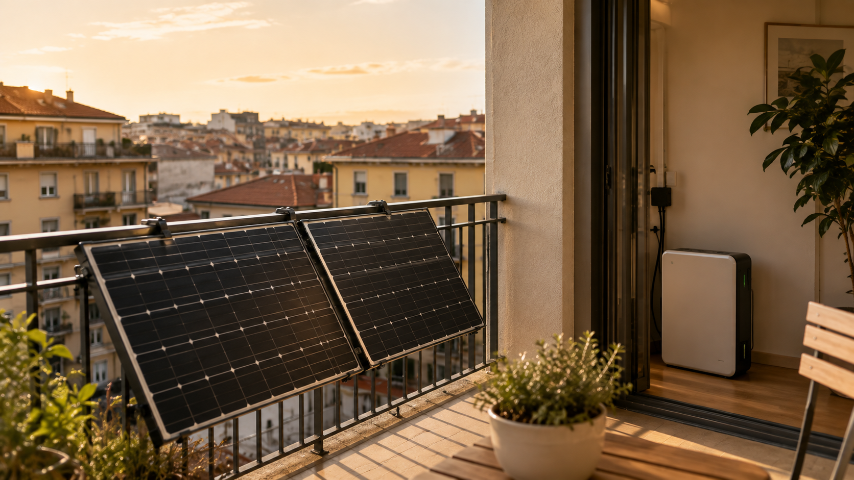Impianto fotovoltaico da balcone con pannelli e batteria di accumulo in un appartamento