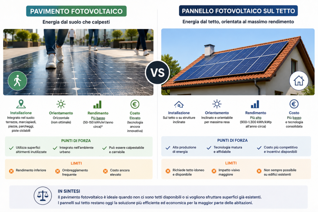 Pavimento fotovoltaico vs pannelli fotovoltaici sul tetto: confronto tra rendimento, costo e installazione