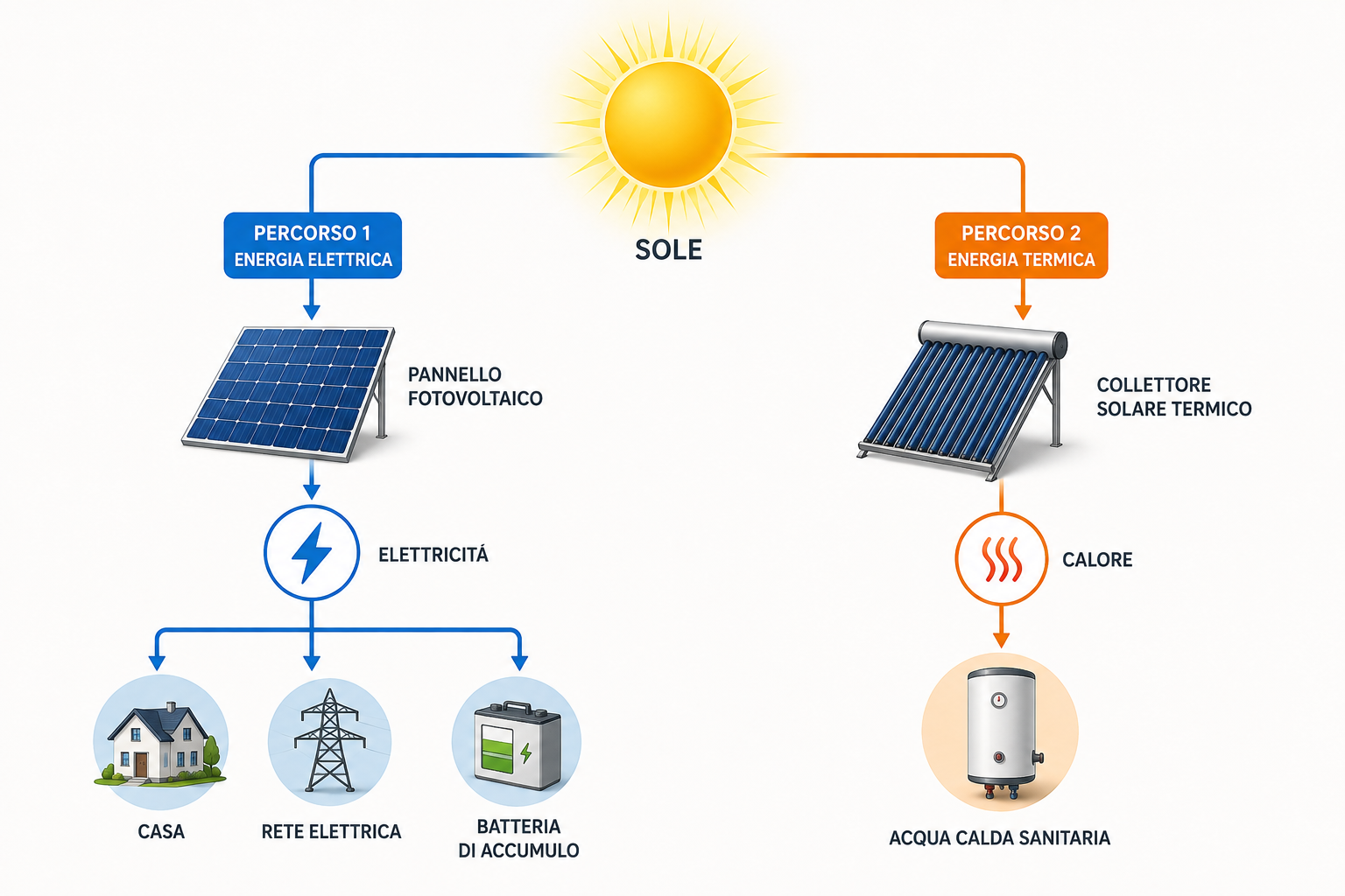 Schema dei principali utilizzi dell'energia solare: fotovoltaico e solare termico
