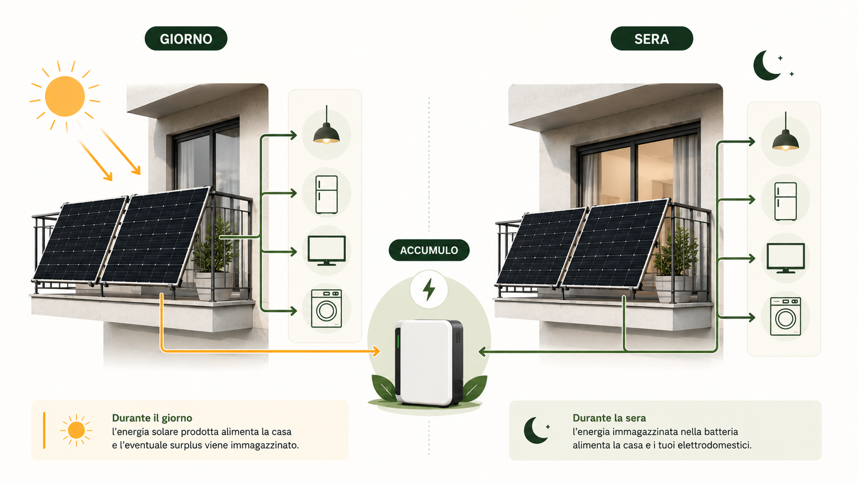 Schema del funzionamento di un impianto fotovoltaico da balcone con accumulo durante il giorno e la sera