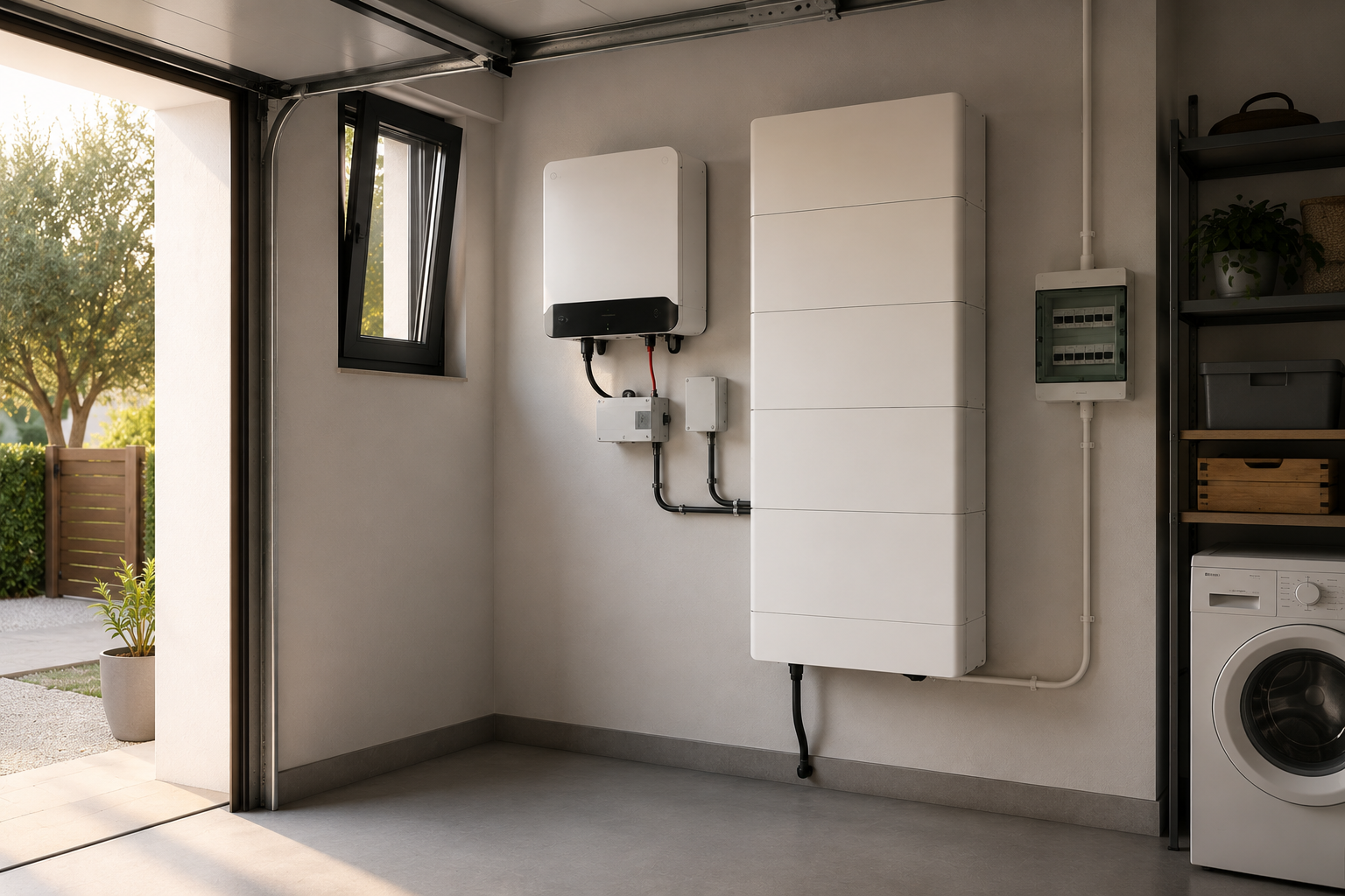 Batteria di accumulo fotovoltaico installata con inverter in un'abitazione