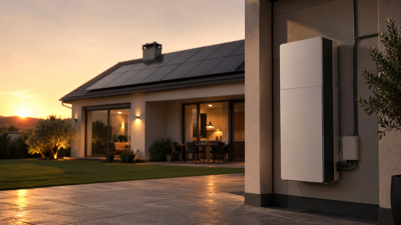 Batteria di accumulo fotovoltaico installata in una casa italiana moderna con pannelli solari sul tetto