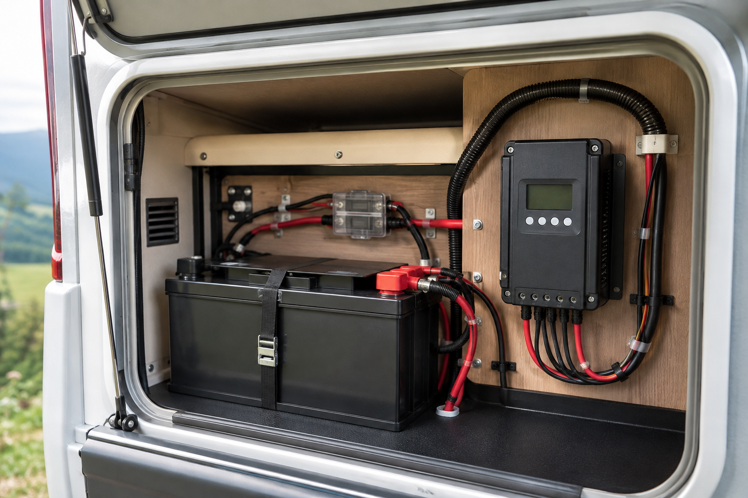 Batteria LiFePO4 collegata a un regolatore MPPT in un impianto solare per camper