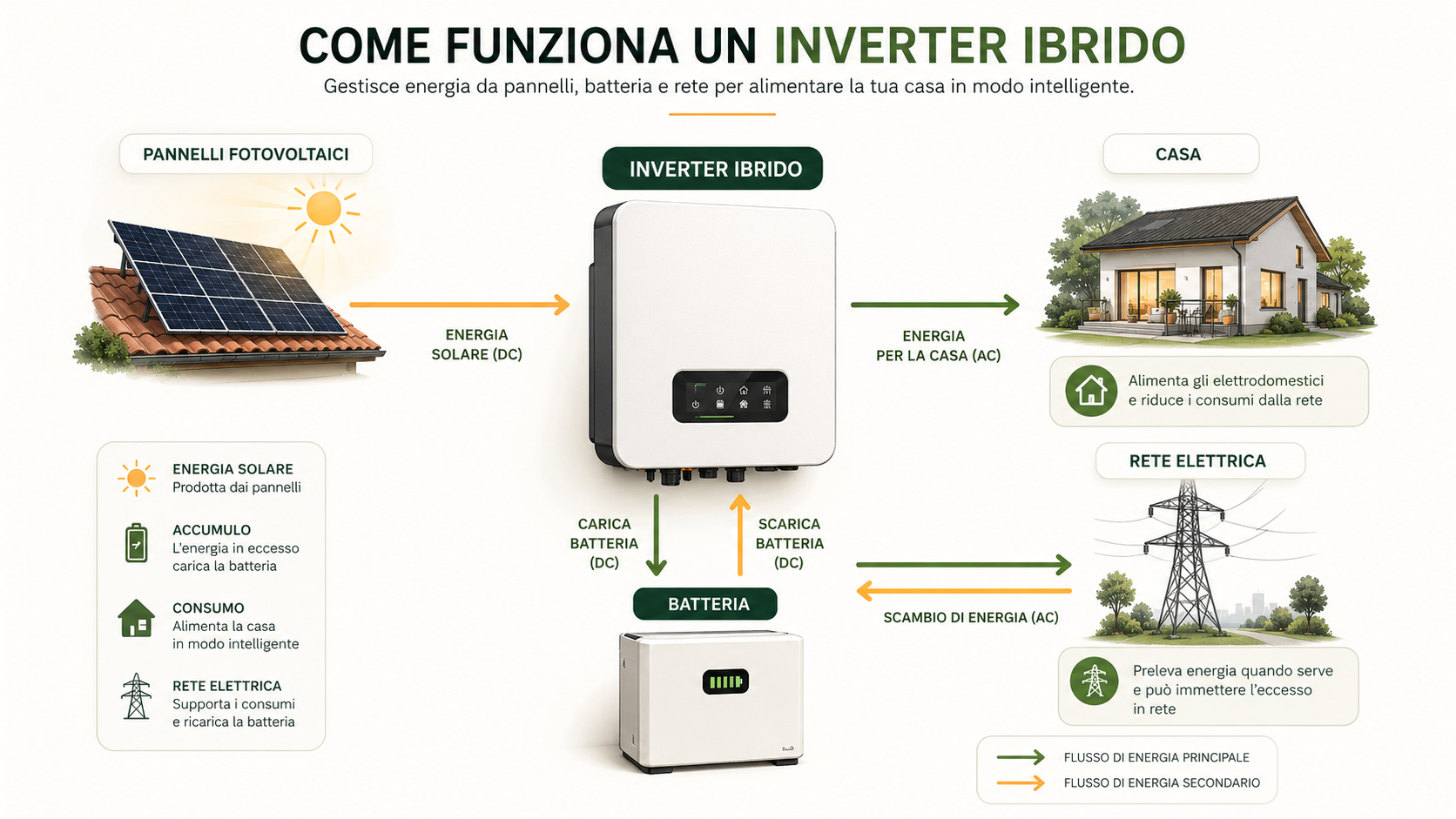 Schema del funzionamento di un inverter ibrido tra pannelli fotovoltaici, batteria, casa e rete elettrica