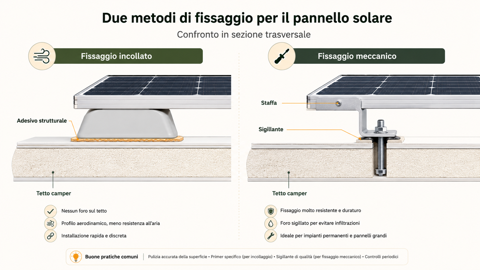 Confronto tra fissaggio incollato e fissaggio meccanico di un pannello solare su camper