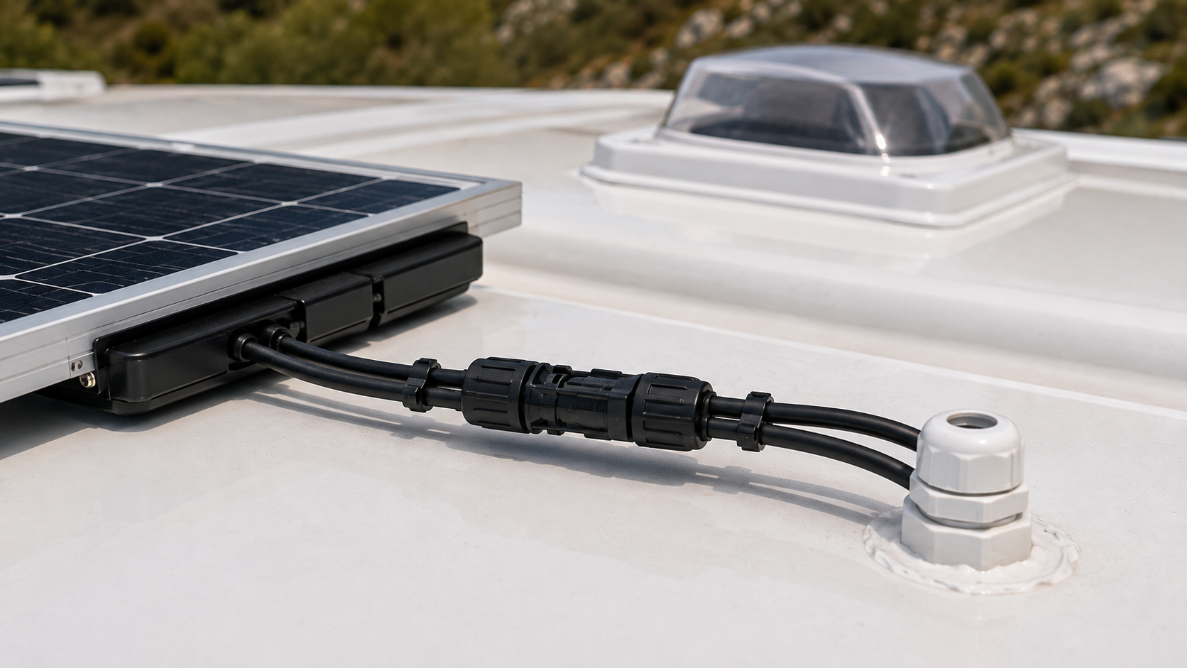 Connettori solari e pressacavo impermeabile sul tetto di un camper
