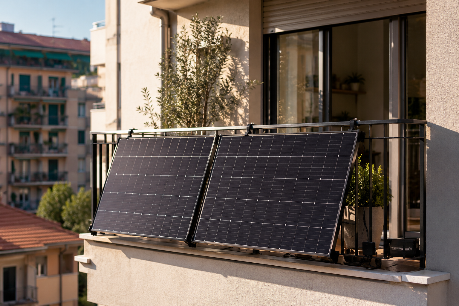 Due pannelli fotovoltaici installati sulla ringhiera di un balcone di un appartamento