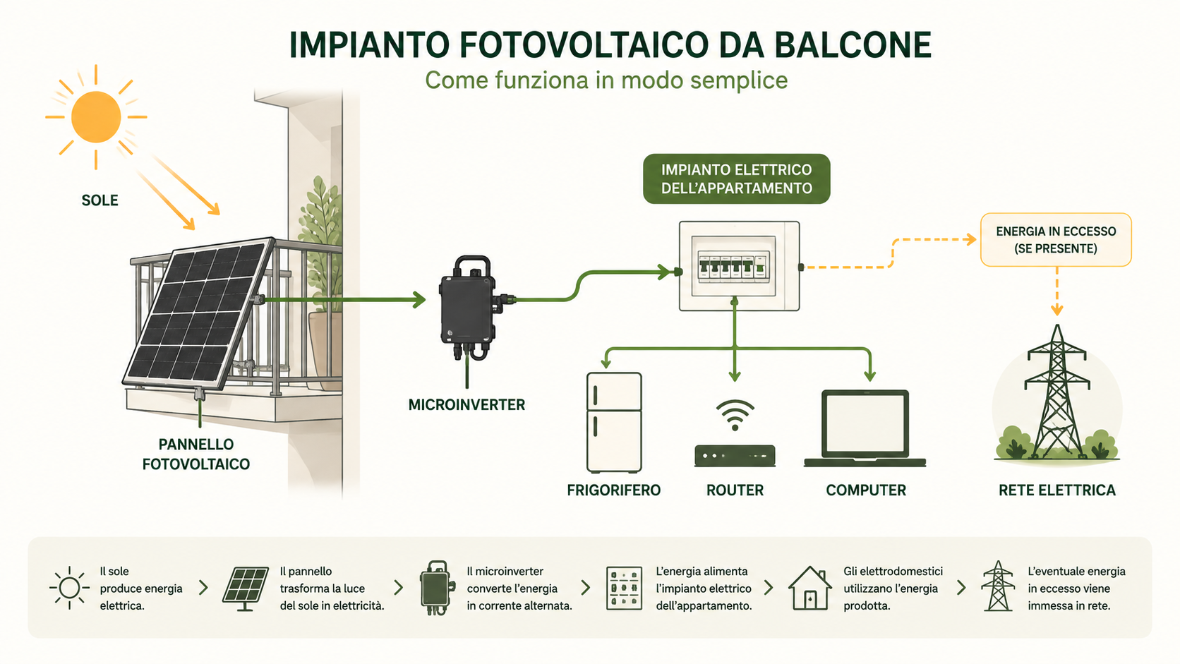 Schema del flusso di energia da un pannello fotovoltaico da balcone agli apparecchi domestici