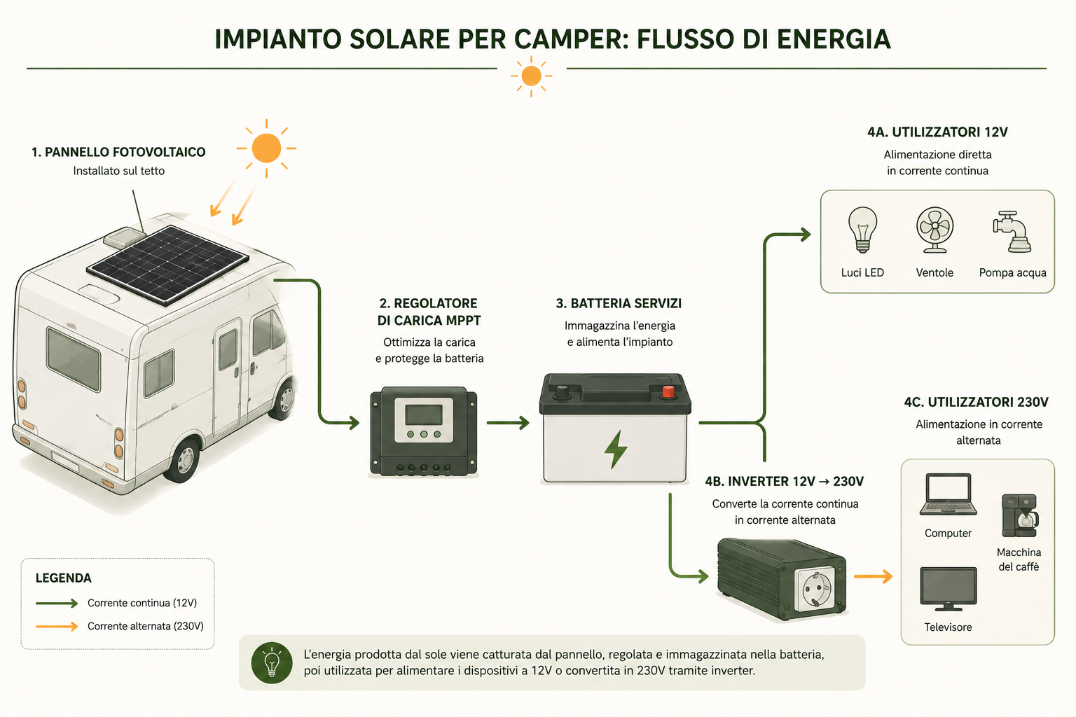 Schema del flusso di energia in un impianto solare per camper: pannello, regolatore, batteria e utilizzatori.