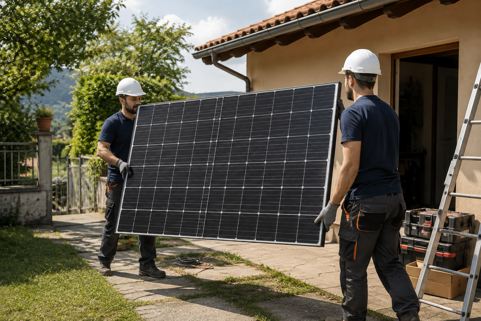 Installatore trasporta un grande pannello fotovoltaico da 500W lungo oltre due metri