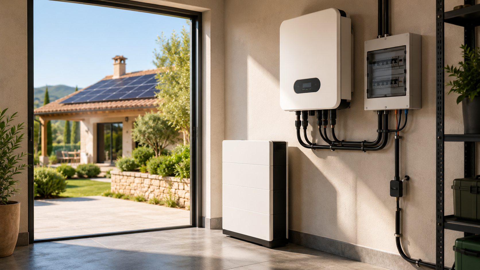 Inverter ibrido fotovoltaico installato accanto a una batteria di accumulo in una casa