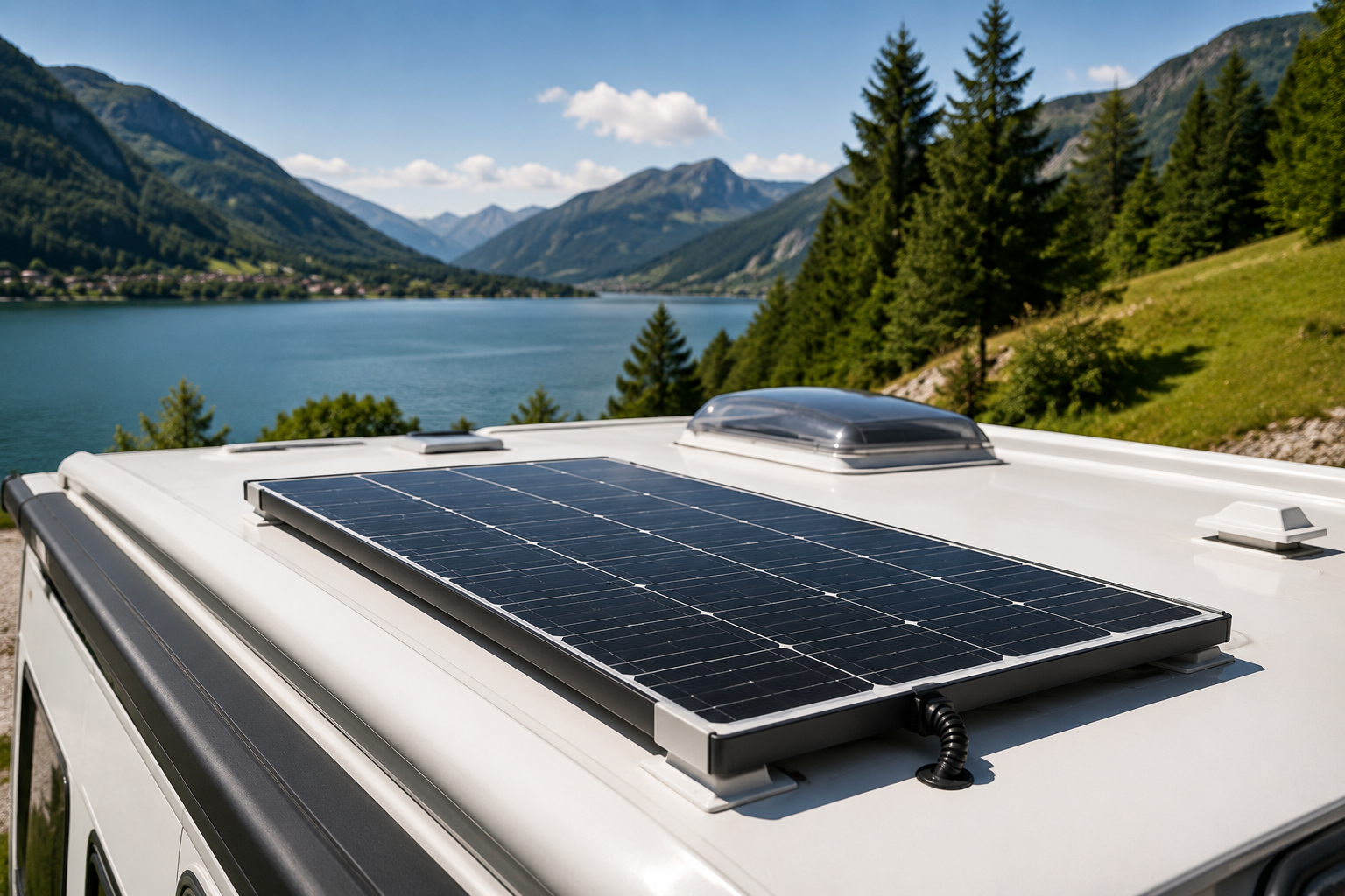 Pannello solare rigido installato sul tetto di un camper.