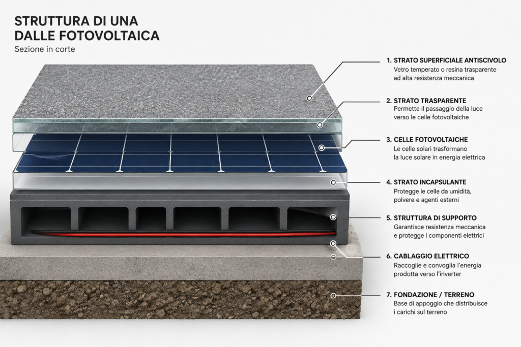 Struttura e strati di un pavimento fotovoltaico calpestabile