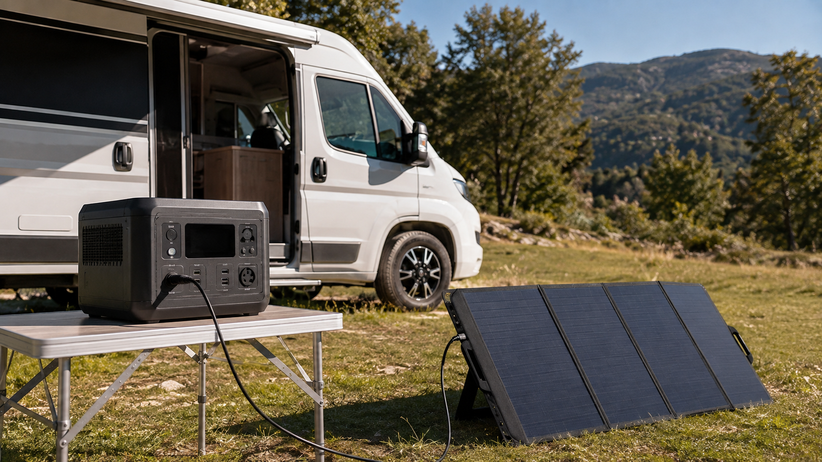 Componenti di un kit pannello solare per camper: pannello, regolatore di carica e batteria al litio
