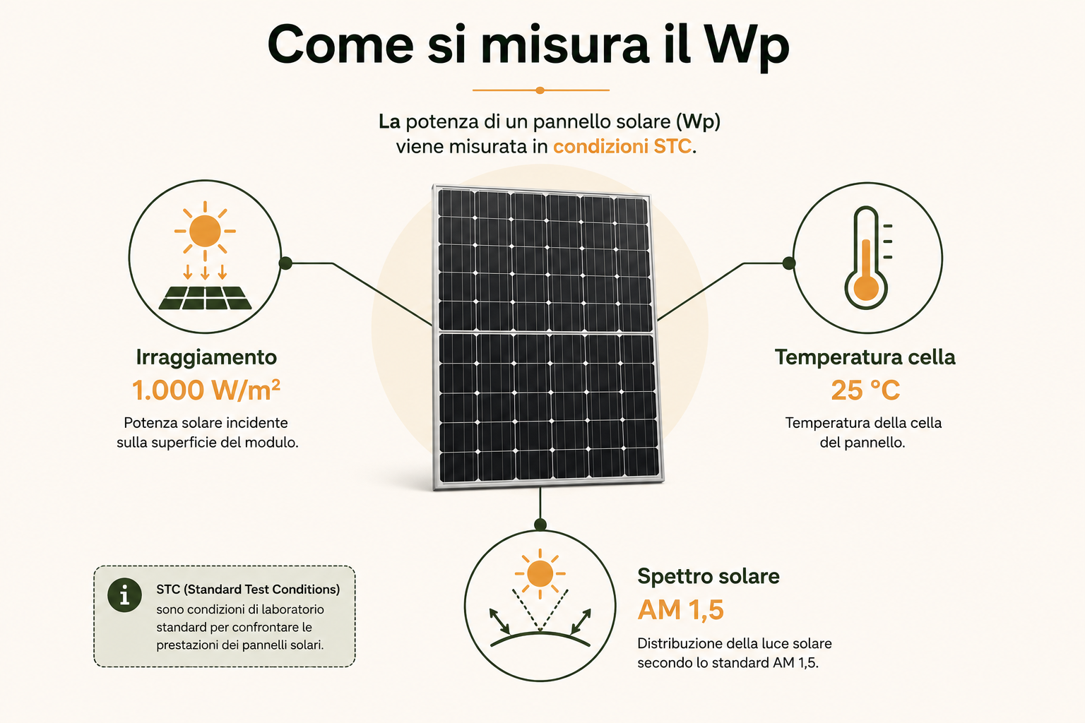 Schema delle condizioni STC: 1000 W per metro quadrato, cella a 25 gradi e spettro AM 1,5.