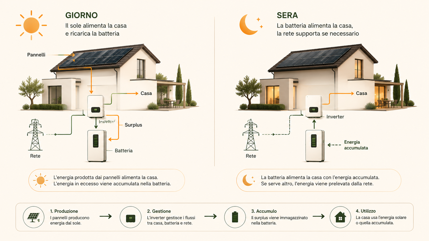 Schema di funzionamento di un sistema di accumulo fotovoltaico domestico