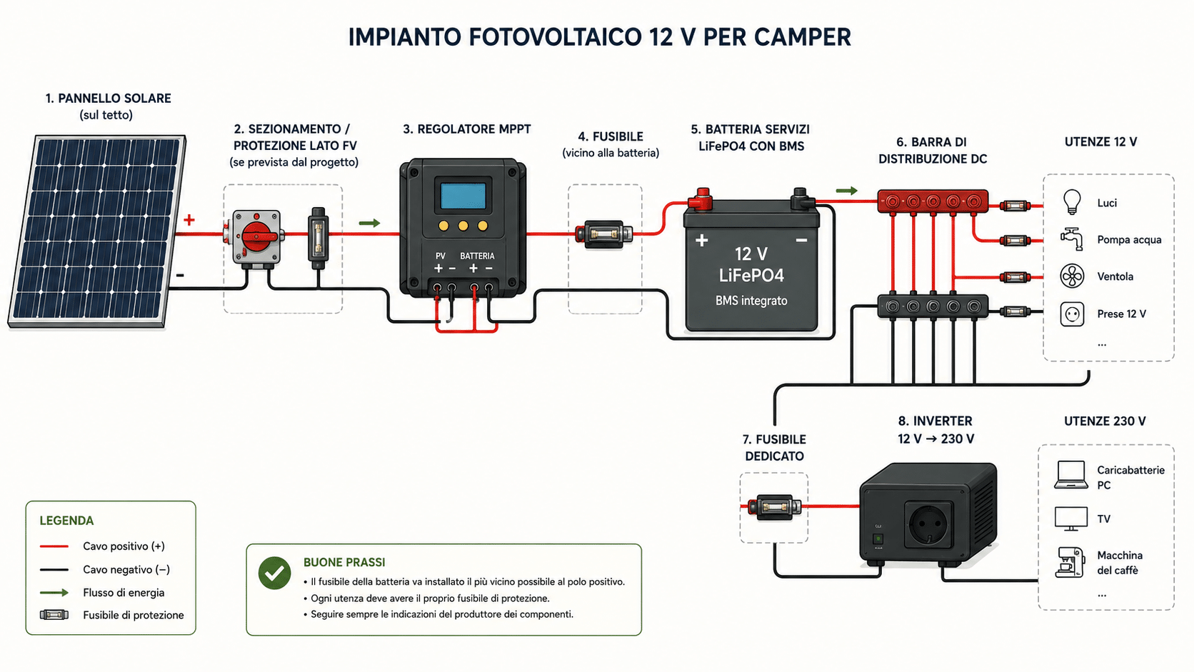 Schema collegamento impianto fotovoltaico camper con pannello, MPPT, batteria al litio, fusibili e inverter