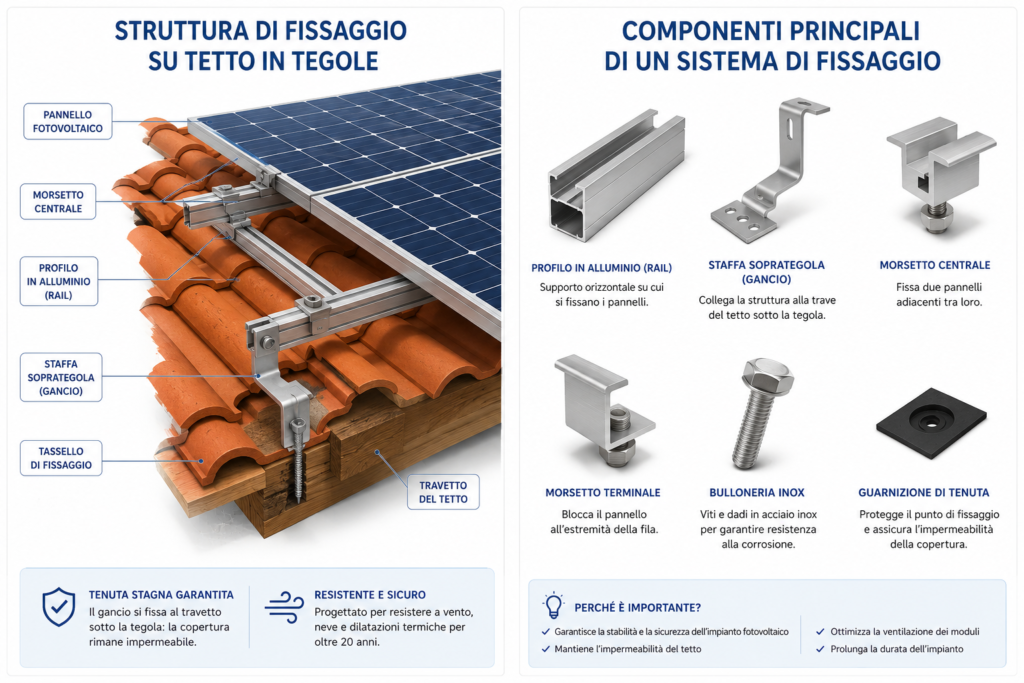 Componenti del sistema di fissaggio fotovoltaico su tetto in tegole