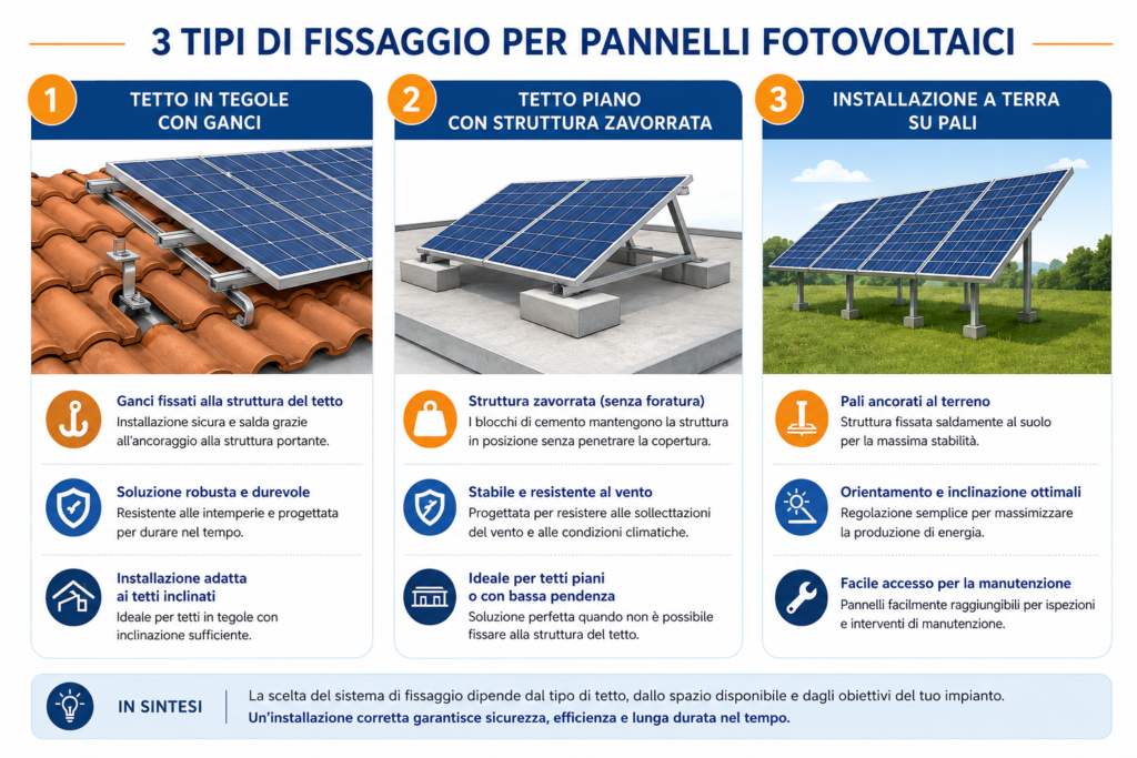 Fissaggio dei pannelli fotovoltaici su tetto in tegole e struttura a terra su pali