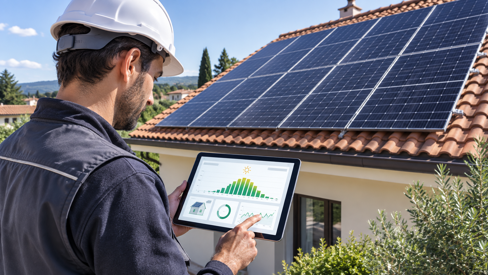 Tecnico che controlla la produzione di un impianto fotovoltaico su tablet davanti a pannelli solari
