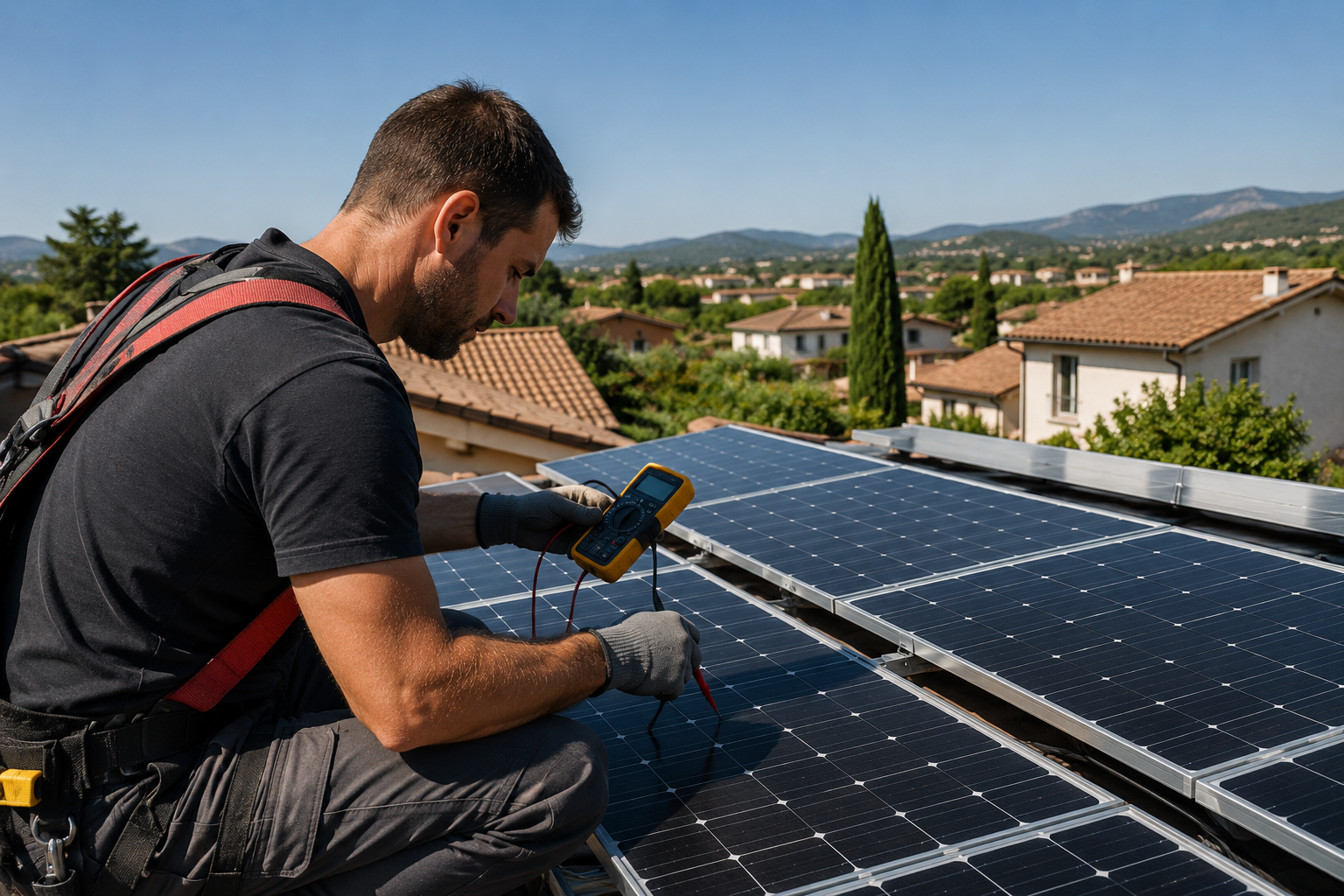 Tecnico che controlla pannelli fotovoltaici installati sul tetto di una casa.