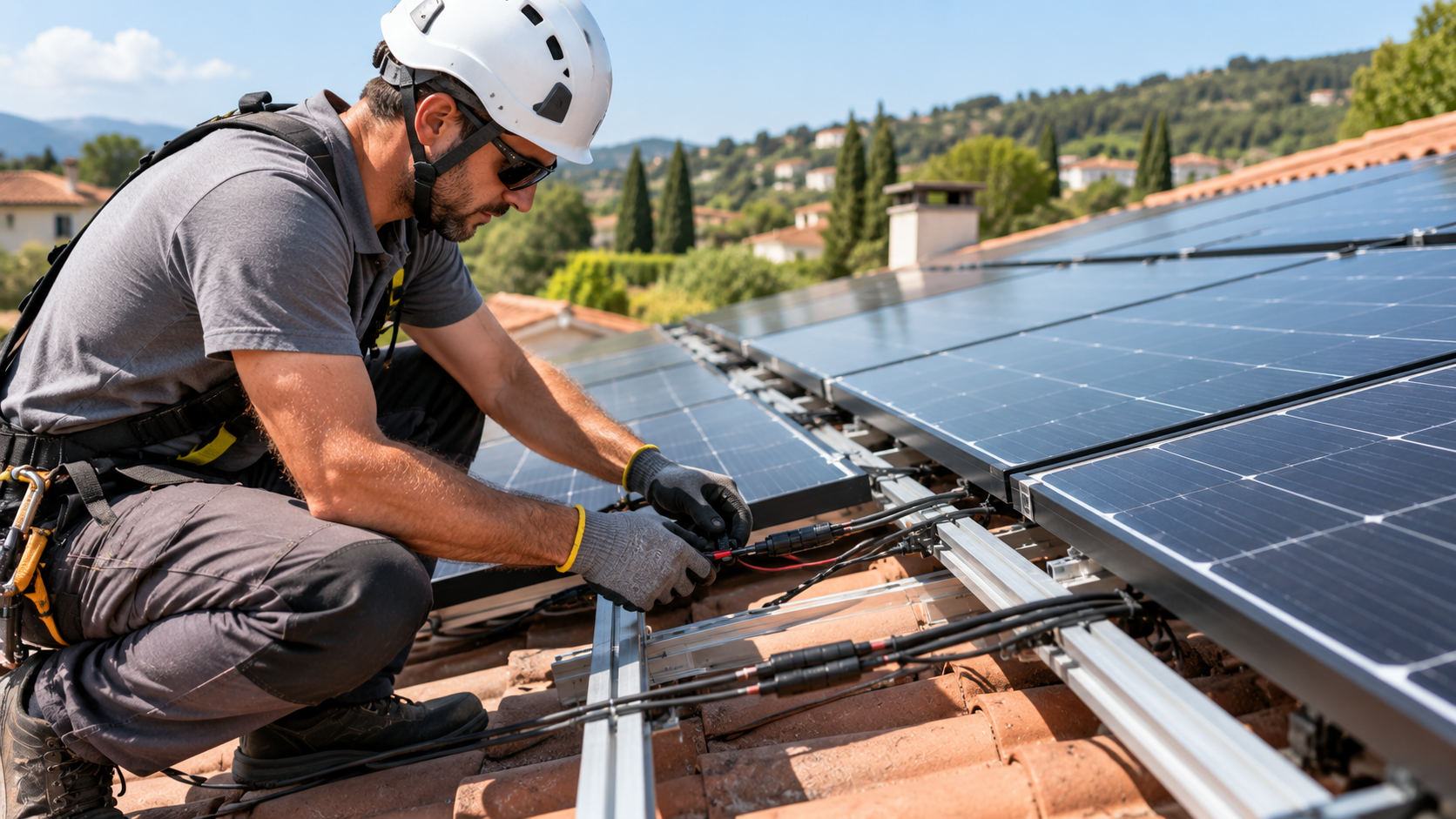 Installatore che verifica i collegamenti elettrici di pannelli fotovoltaici su un tetto