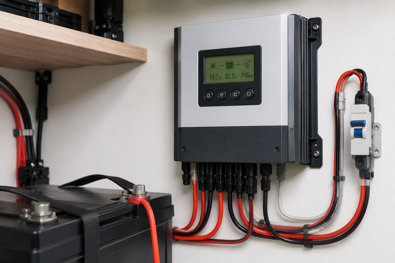 Regolatore di carica solare MPPT con display installato accanto a una batteria
