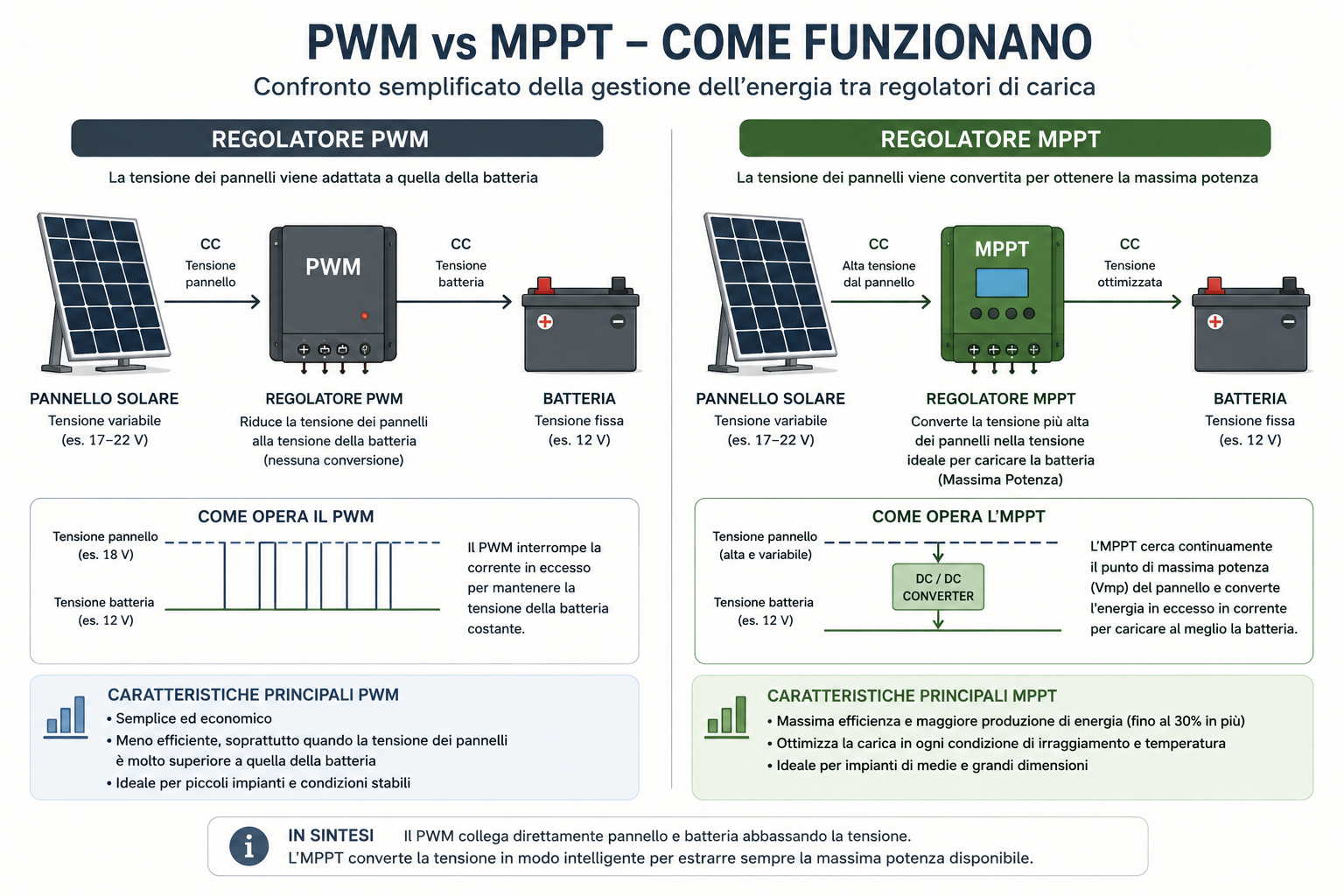 Schema comparativo tra regolatore di carica PWM e MPPT