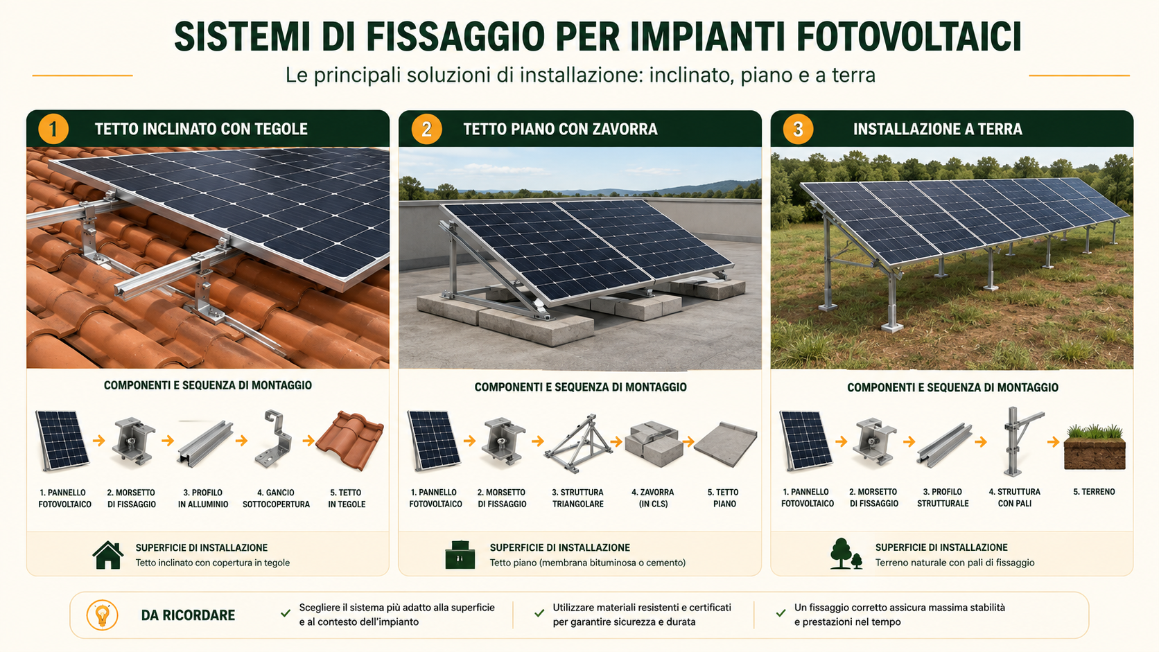 Schema dei sistemi di fissaggio per pannelli fotovoltaici su tetto inclinato, tetto piano e terreno