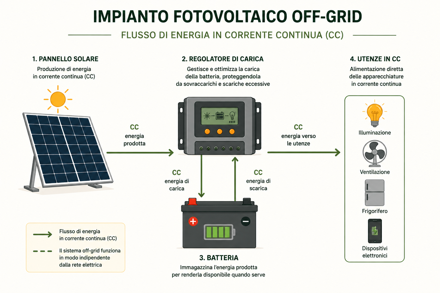 Schema del flusso di energia da pannello solare a regolatore, batteria e utenze