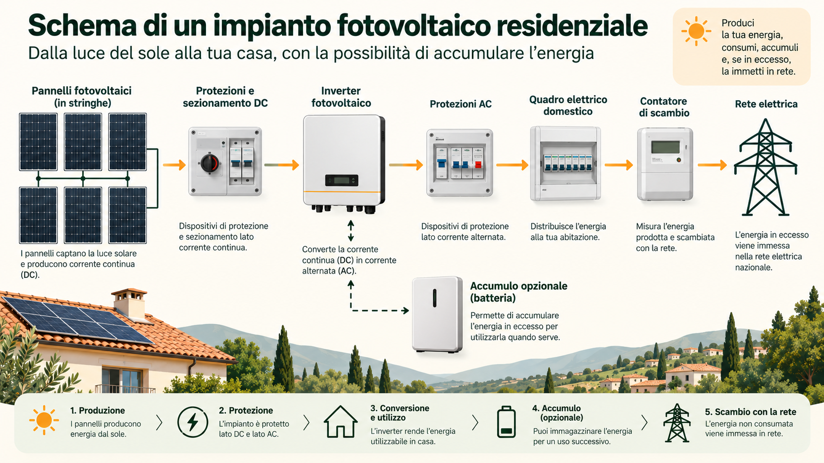 Schema semplificato di un impianto fotovoltaico con pannelli, inverter, quadro e rete elettrica