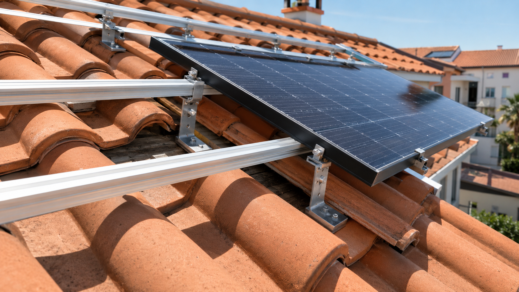 Staffe per pannelli fotovoltaici installate su un tetto in tegole